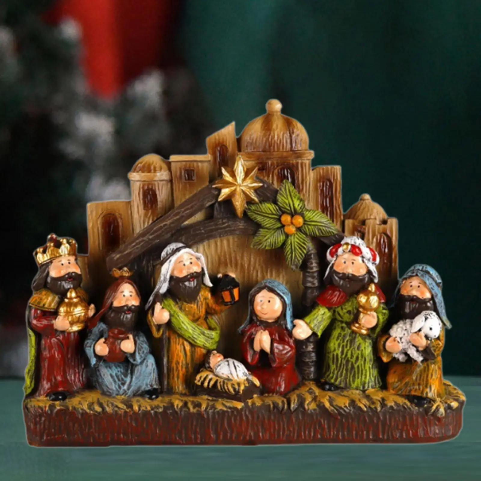 Lighted Christmas Nativity Scene Miniature Xmas Sculpture Religious Hand Painted Birth of Jesus Statue Traditional 28x6.5x21cm