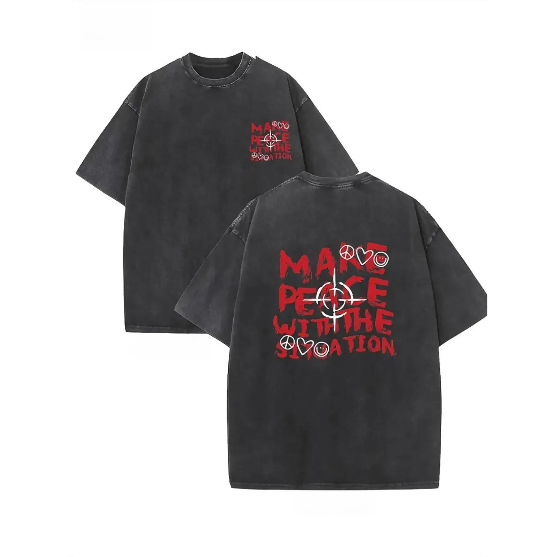 

Streetwear "Make Peace" Graphic T-shirt, Vintage Washed Unisex Oversized Tee, Y2K Grunge Slogan Hip Hop Top for Men and Women