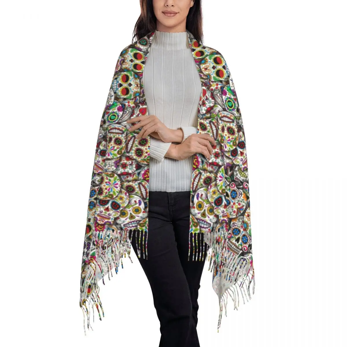 Mexican Sugar Skulls Scarf Wrap Women Long Winter Fall Warm Tassel Shawl Unisex Halloween Day of the Dead Scarves