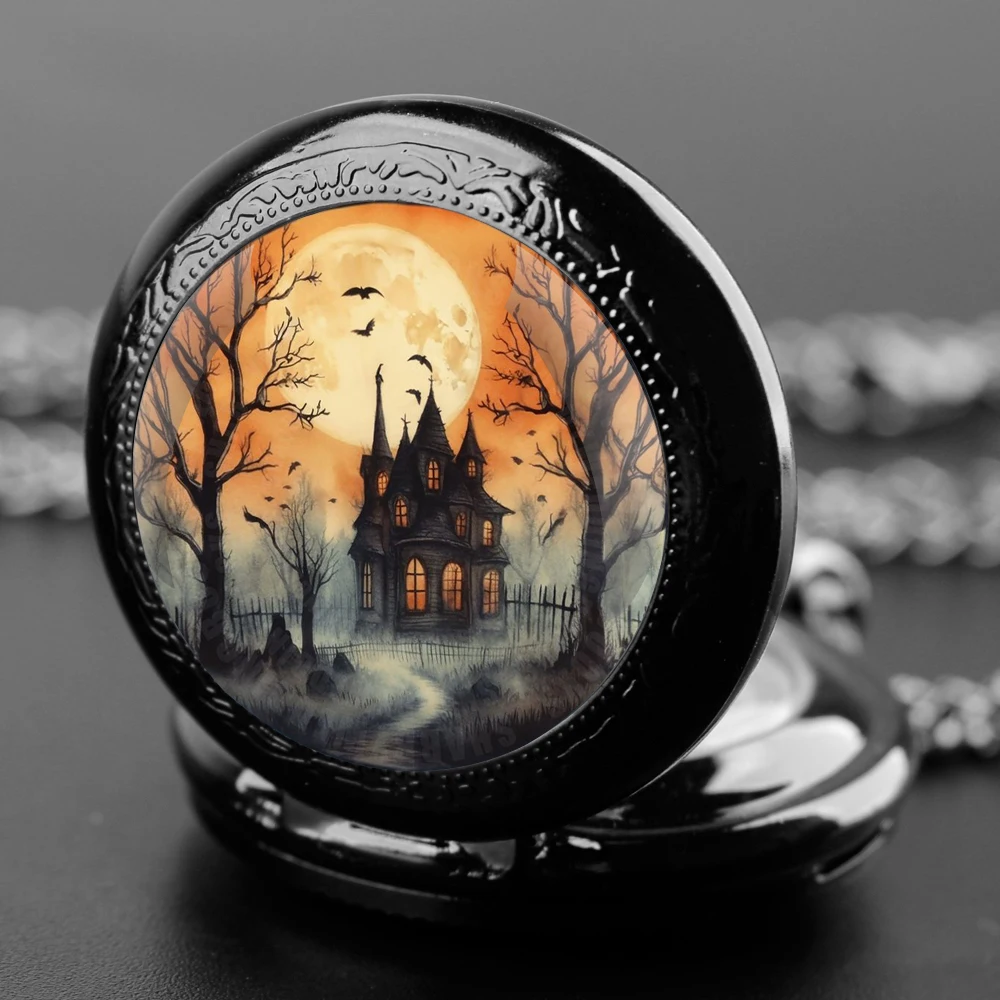 Halloween Cosplay Castle Glass Dome Quartz Pocket Watch With Durable Chain Arabic Numeral Dial Creative Gifts for Men Women