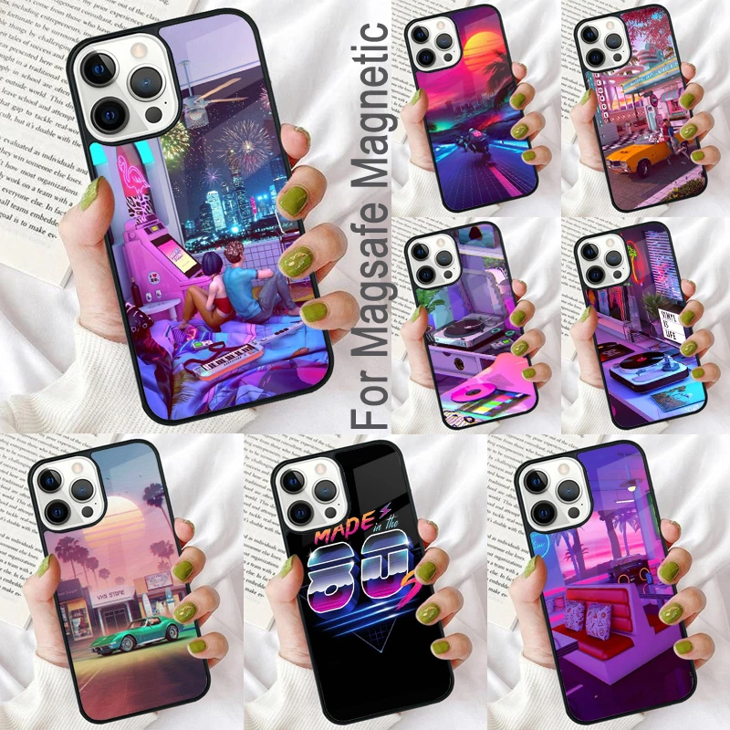 Synthwave 80's Retro Art Magnetic Soft Phone Case for iPhone 16 Promax 15 Pro 13 14 Plus 11 12 Mini MagSafe Coque