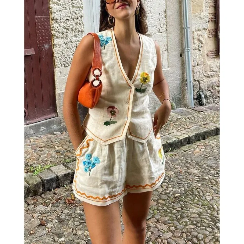 Flower Embroidery Vest Shorts Set Women Sleeveless V neck Button Female Waistcoat Sets 2024 Summer Fashion Lady Loose Suit