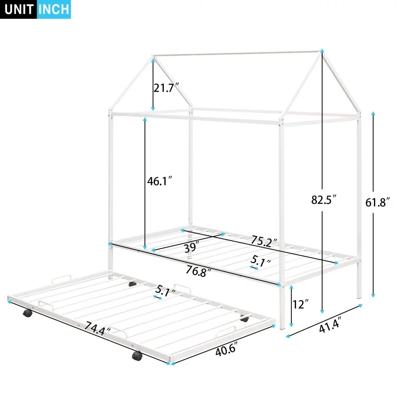 Cama branca da casa do metal com trompete para crianças, cama gêmea da casa do tamanho