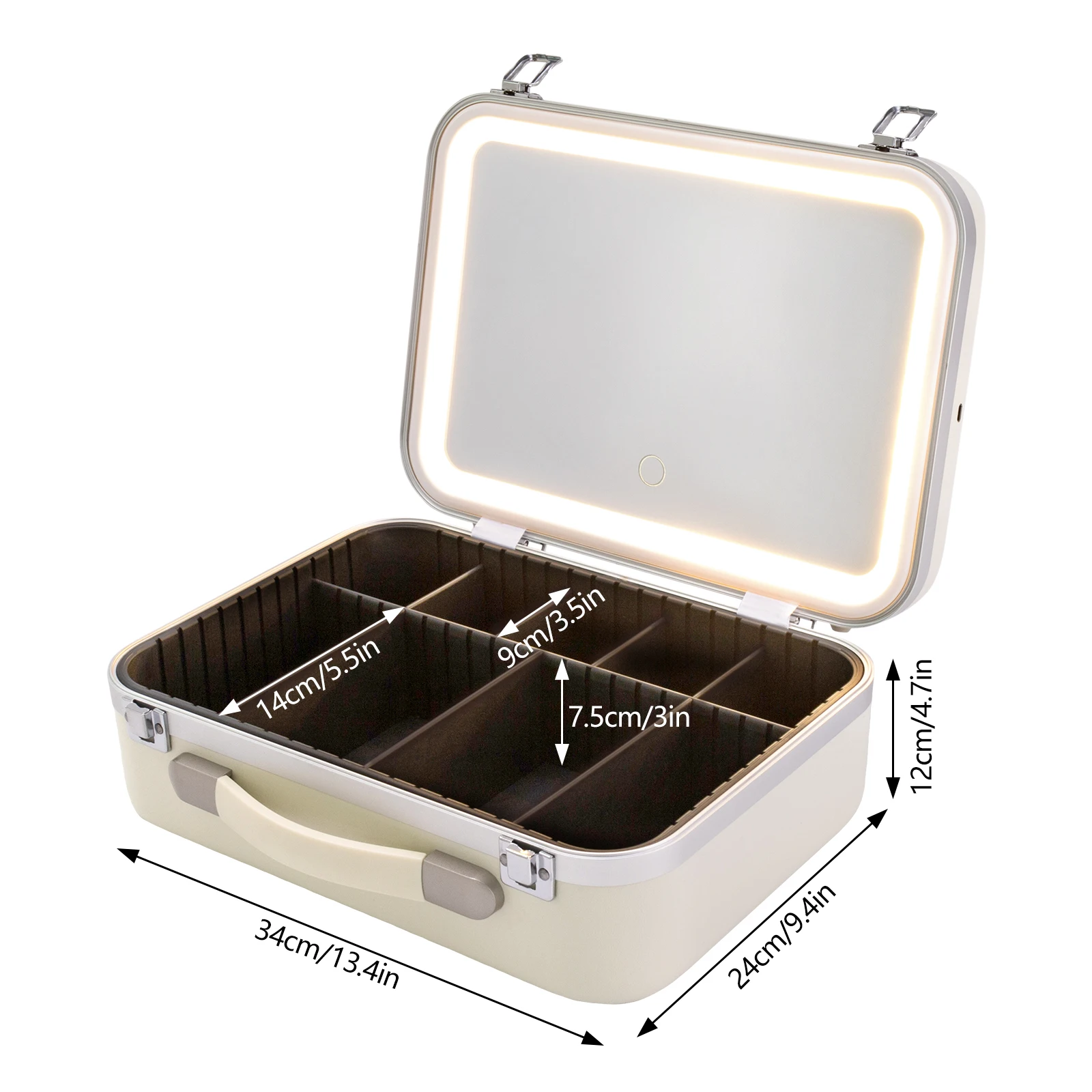 Tas Rias Putih dengan Lampu LED & Cermin - Organizer Kosmetik Perjalanan Portabel