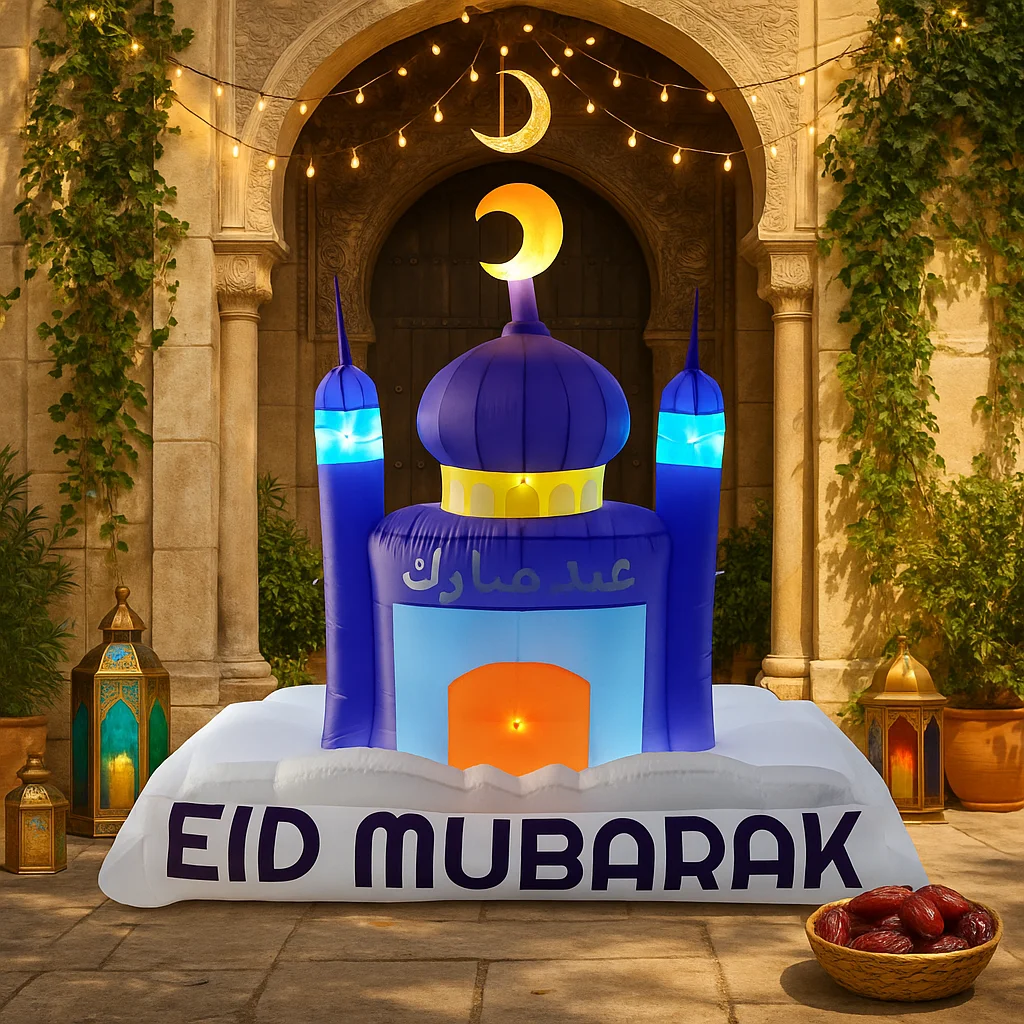 7FT Eid Mubarak Inflatable Mosque Decor Purple Dome LED Lights Crescent Islamic Decorative Supplies Ramadan Inflatable For Yard