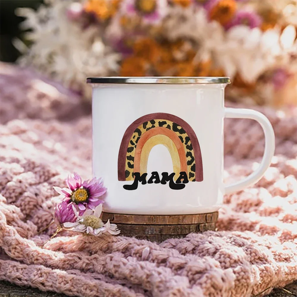 Outdoor Travel Water Cups Leopard Mama Rainbow Print Enamel Coffee Tea Mugs Home Office Breakfast Milk Oat Mug Mother's Day Gift