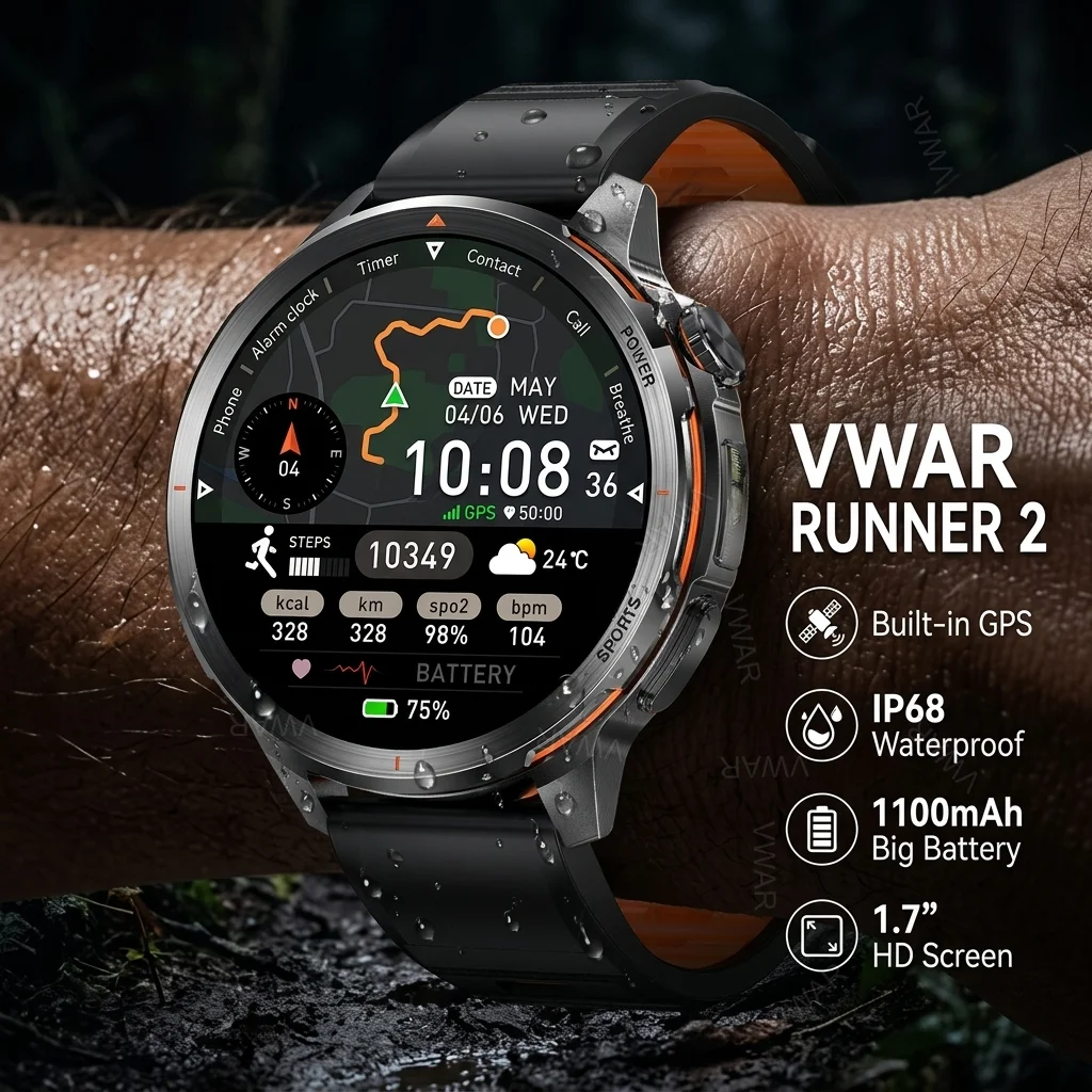 VWAR Runner 2 GPS Smart Watch 1100mAh Big Battery LED Flashlight Tactical Sport Smartwatch 1.7