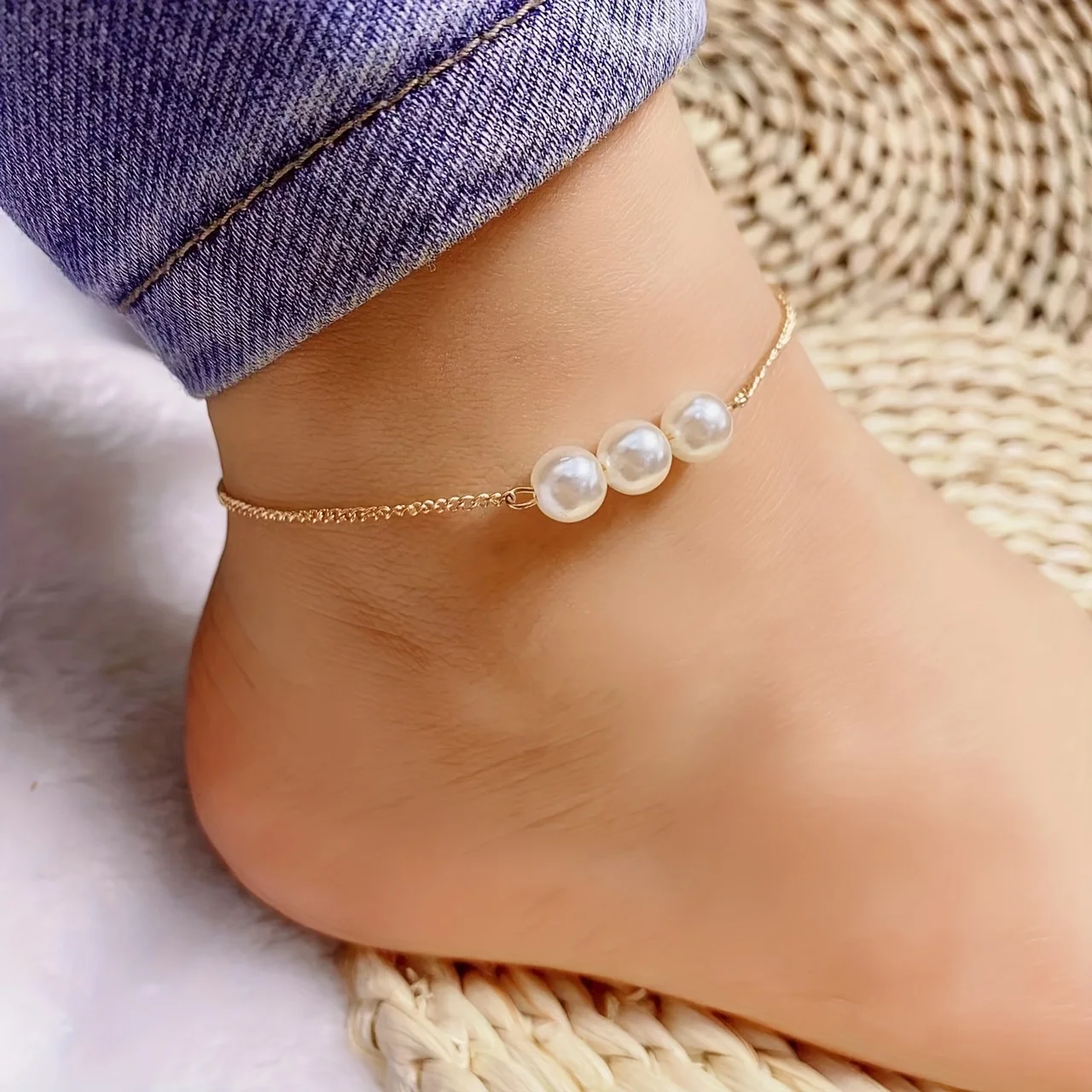 Versatile Faux Pearls Chain Bracelet Simple Alloy Ankle Bracelet For Women