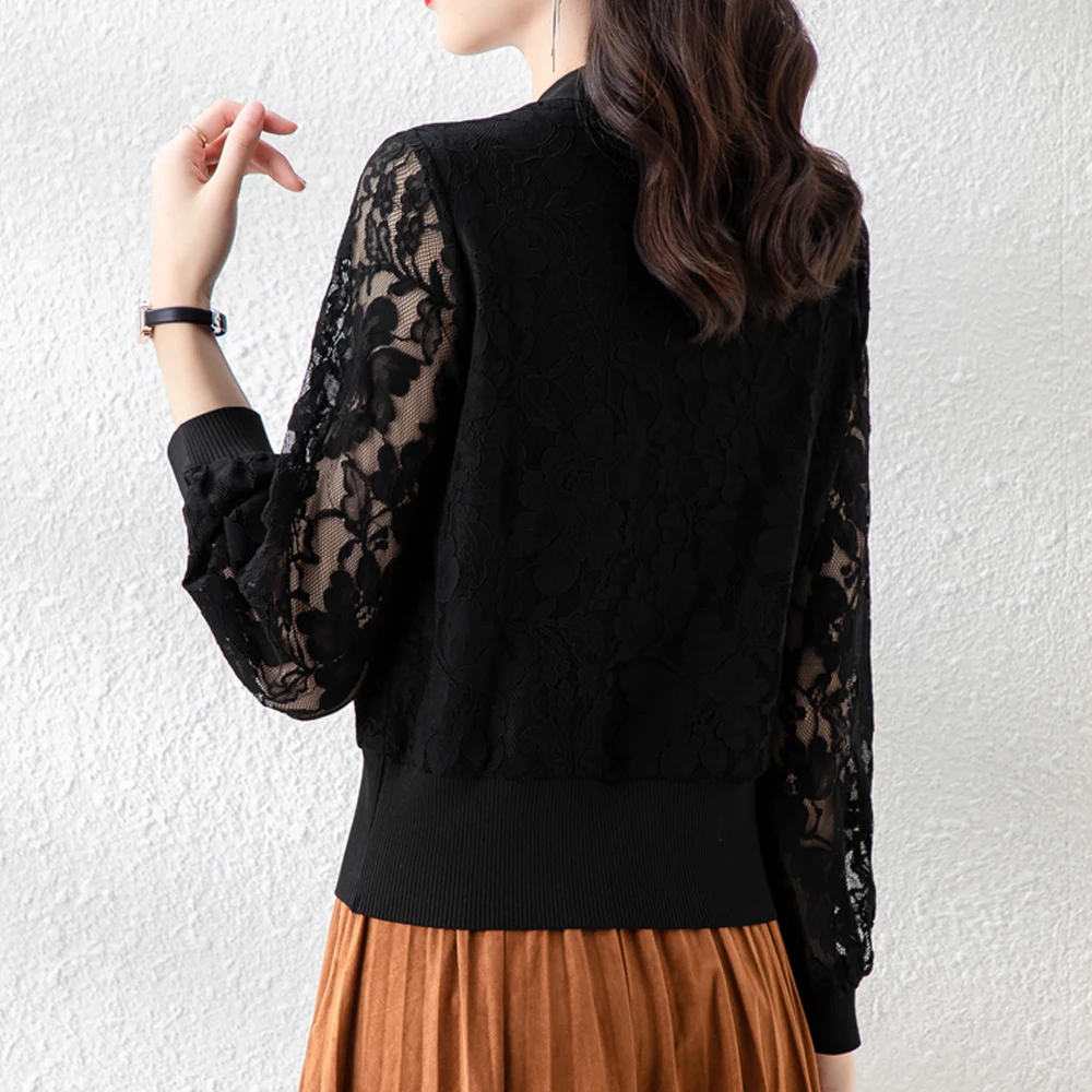 Elegant Black Lace Shirts For Women Vintage V-Neck Breasted Pullovers Blouses Sexy Hollow Out Spring Autumn Casual Tops Women