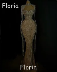Customized Heavy Beads Mermaid Evening Dresses With Long Tassels Shiny Stone Crystal Wedding Party Dresses robe de soiree femmes