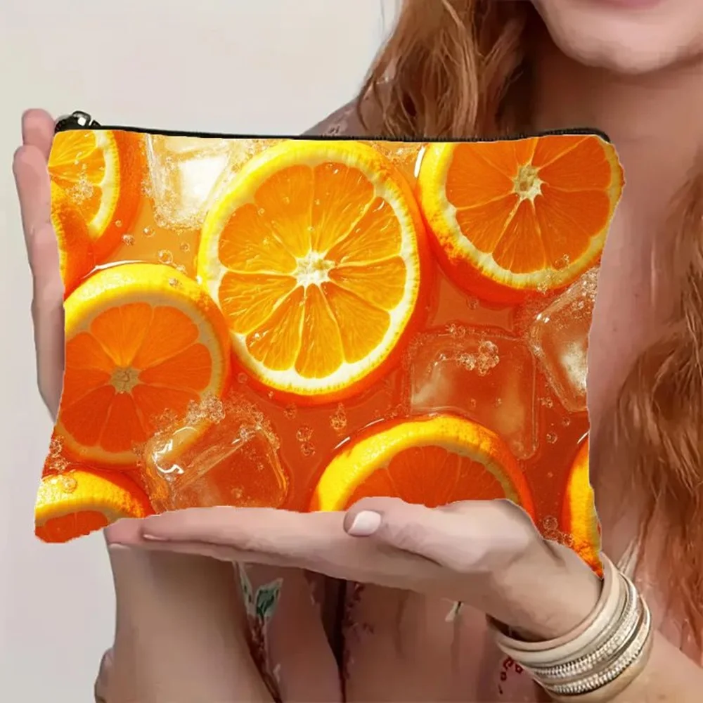 1 Piece of Makeup Bag with Vibrant Orange Slices and Ice Cube Pattern - Multifunctional Zipper Pouch for Women, Perfect Travel Zipper Storage Bag, Fun Birthday Gift