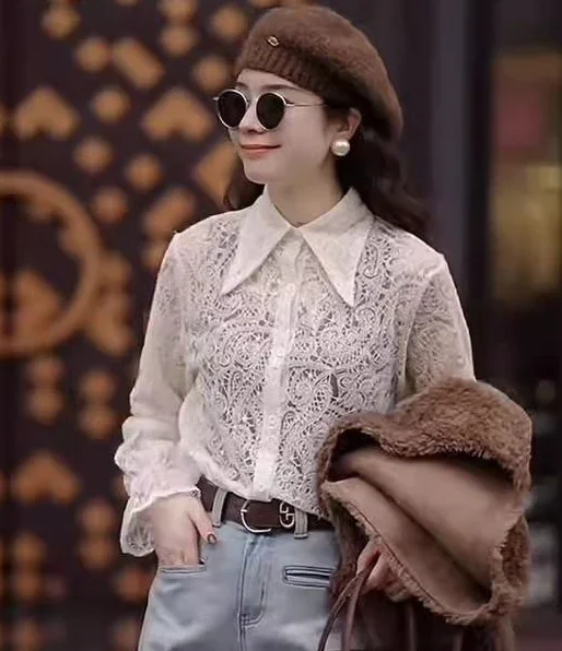 Lace Bottomed Blouse with Mesh Inside Spring and Autumn Fine European Lapel Shirt Foreign Style Top Long Sleeve Blouse