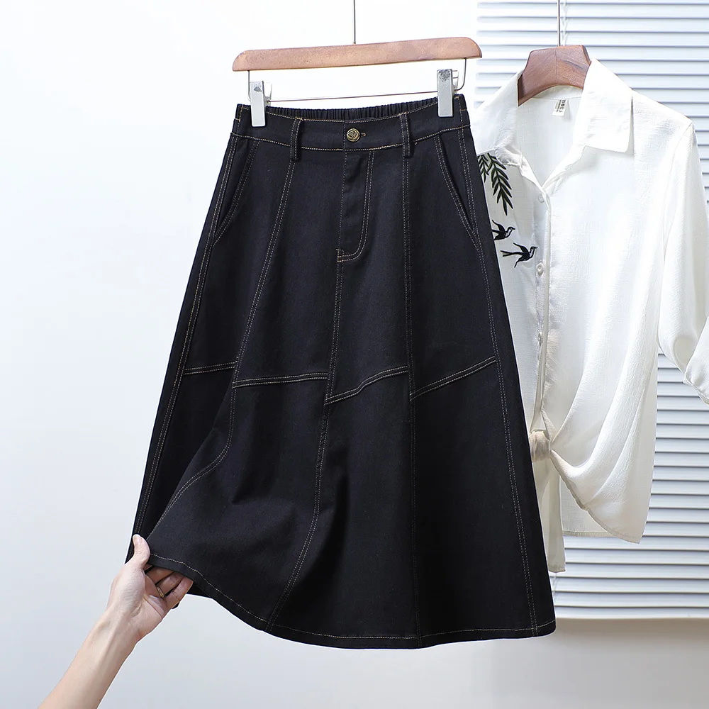 Retro Artistic Style Decorative Stitching Denim  Skirt Women's Summer High Waist A-Line Midi Skirt Breathable Cotton Blend