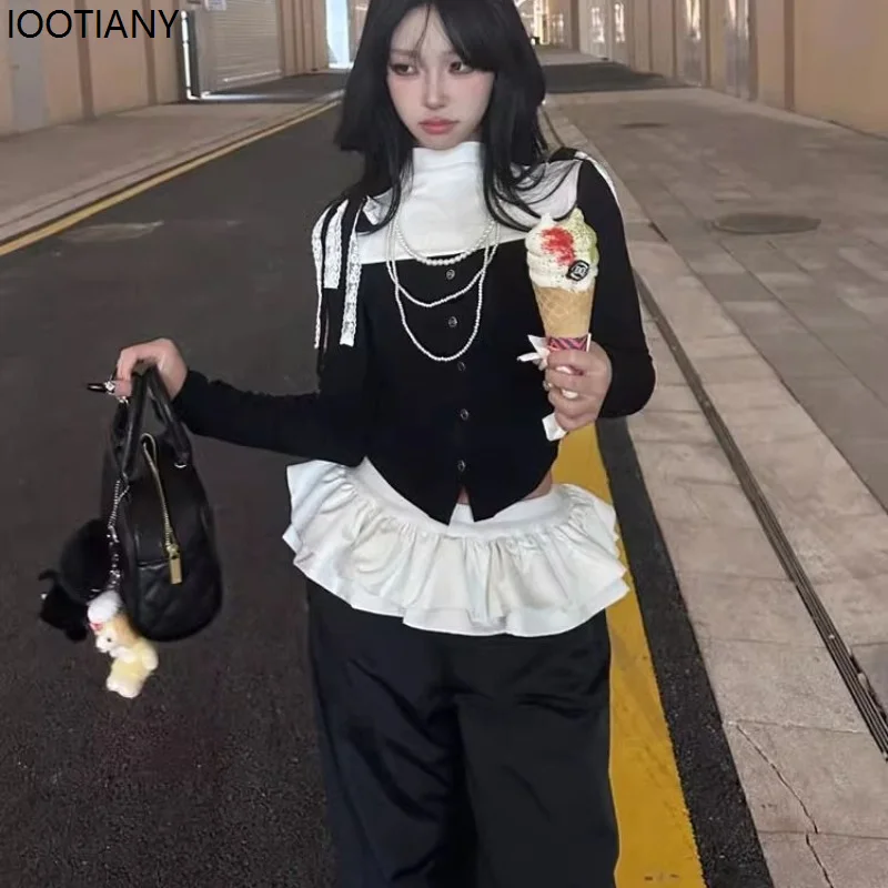 Y2k Black Retro Women's Cake Skirt Cute Girls Patchwork Harajuku Korean Style Sports Pants Wide Leg Loose Trousers Youth 2025
