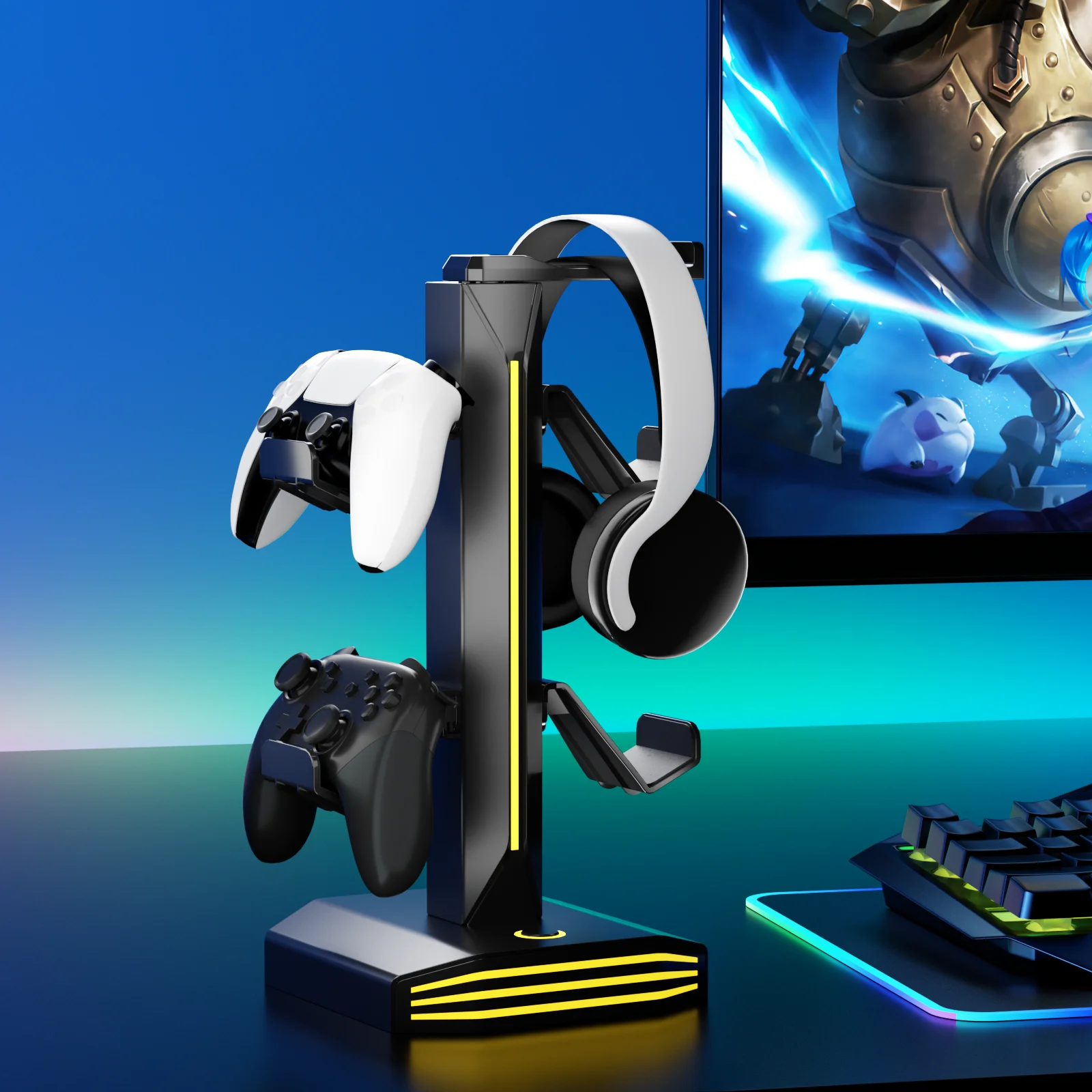 REMANK RGB Game Controller Stand Holder Rack For PS5 PS4 Xbox with 9 Light Modes 2 USB Charging Desk Headphone Holder Stand Hook view 3
