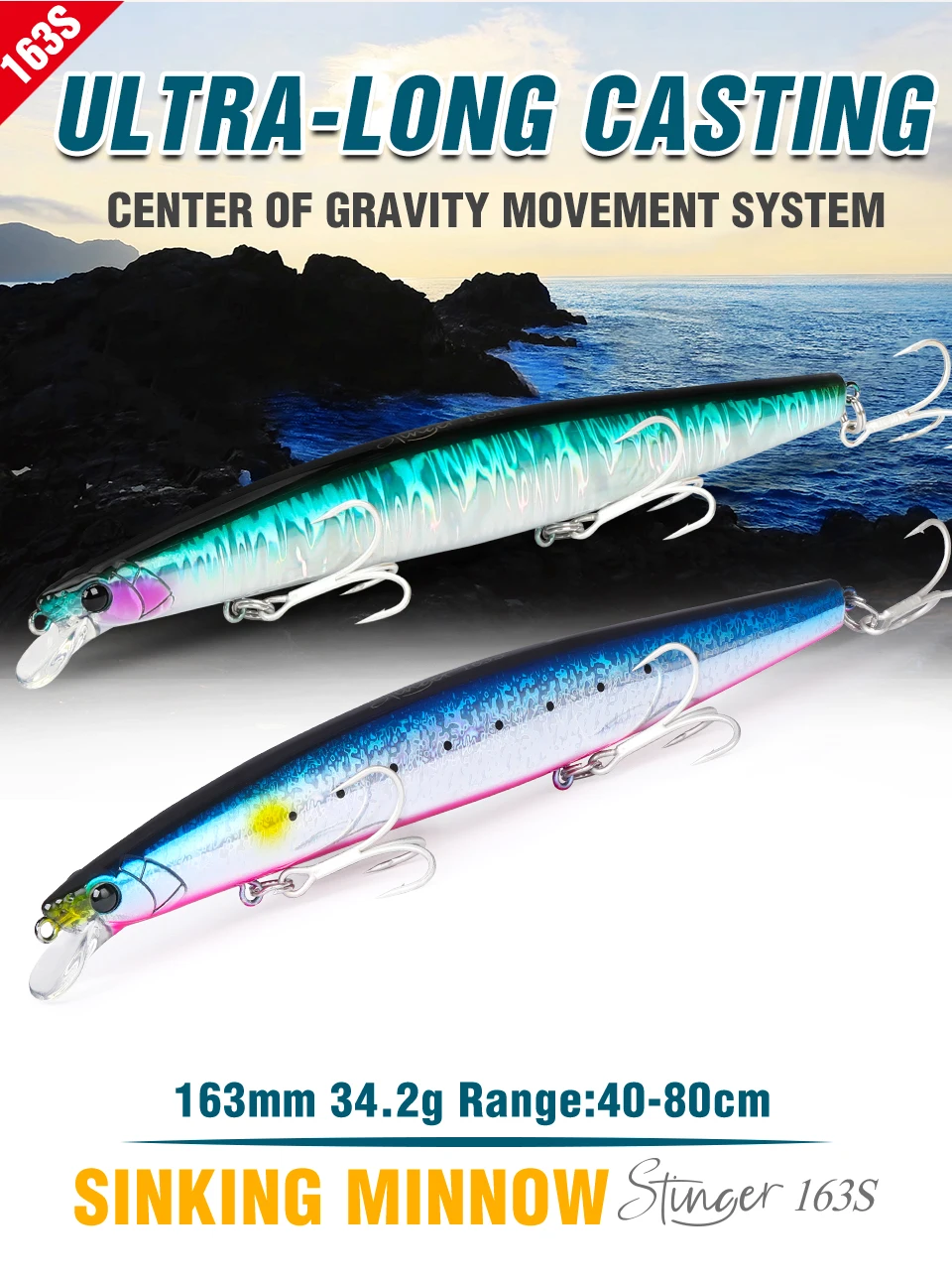TSURINOYA 163S Ultra Long Casting Sinking Minnow Sea Fishing Lure STINGER 163mm 34.2g Seabass Tuna Saltwater Large Hard Baits