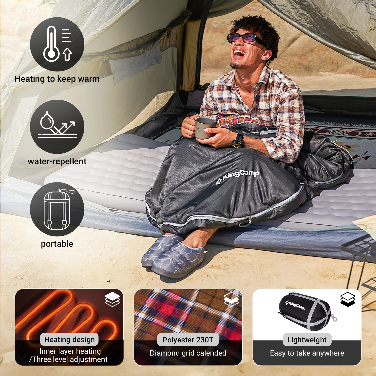 حقيبة نوم KingCamp للبالغين، الطقس البارد والدافئ، واسعة جدًا وكبيرة وطويلة XL، أكياس نوم من الفلانيل المقاومة للماء، Essent