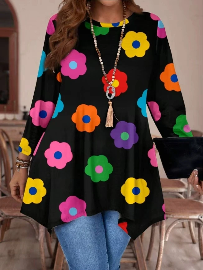 Chemisier noir imprimé floral coloré, grande taille, col smocké artistique, haut ample décontracté avec décolleté de déclaration pour tous les jours