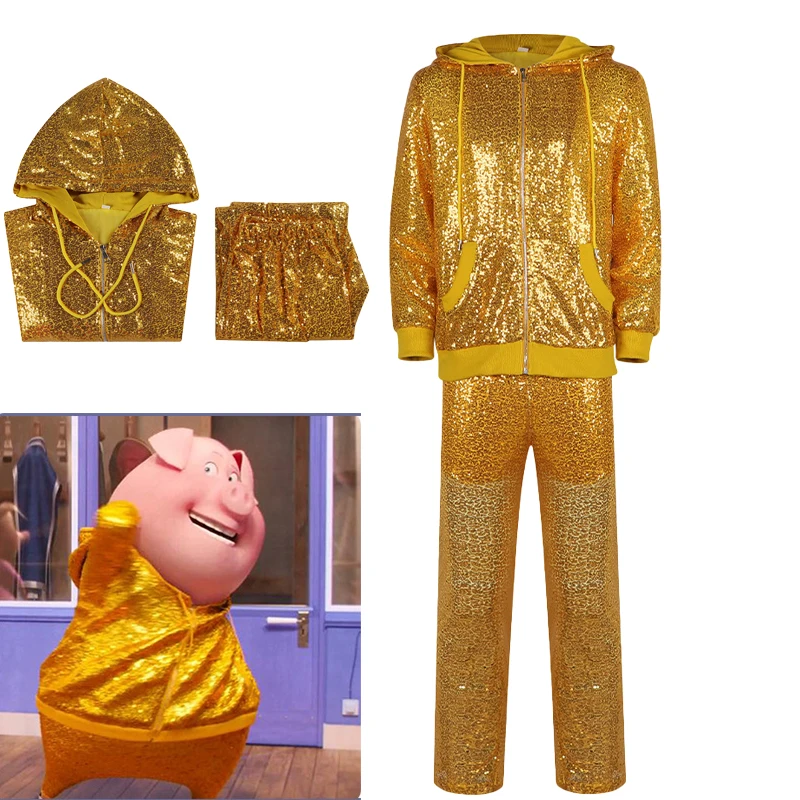 

Season 2 Sing Cosplay Gunter Gold Pig Sweatsuit Set Men Woman Disco Shiny Uniform Costume Halloween Party Outfits Fancy Coat