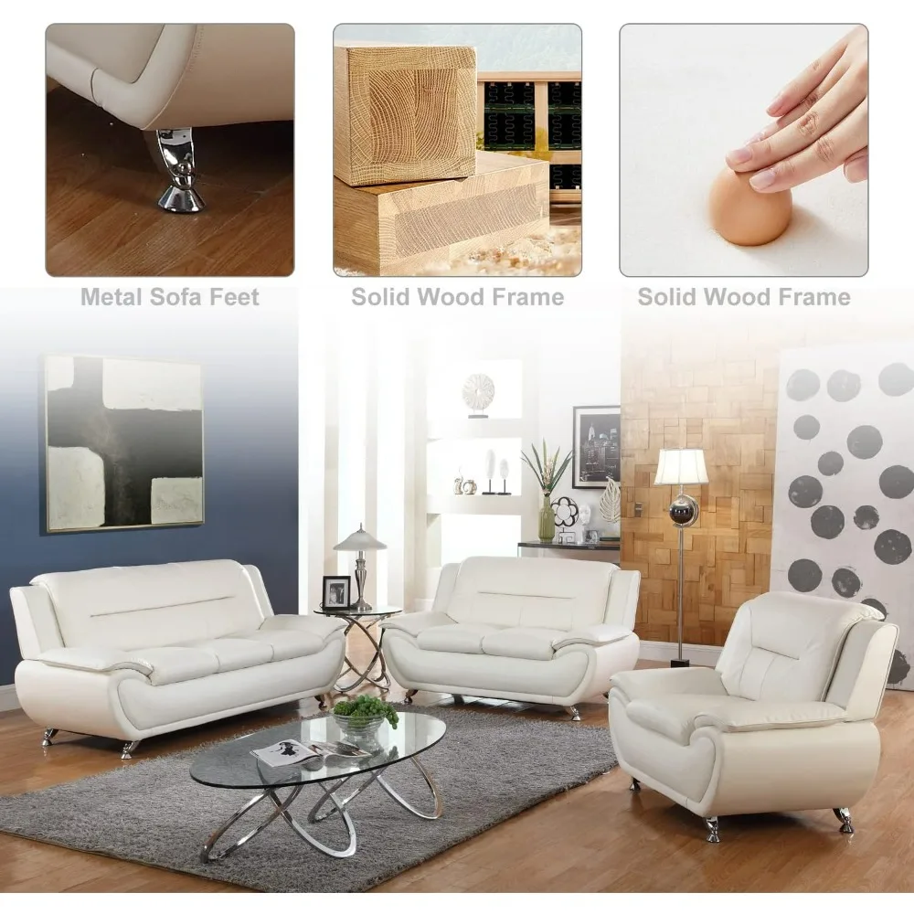 White Faux Leather Couch Living Room Sofa,    Leather Couch and Loveseat Set and Chair for Office Home