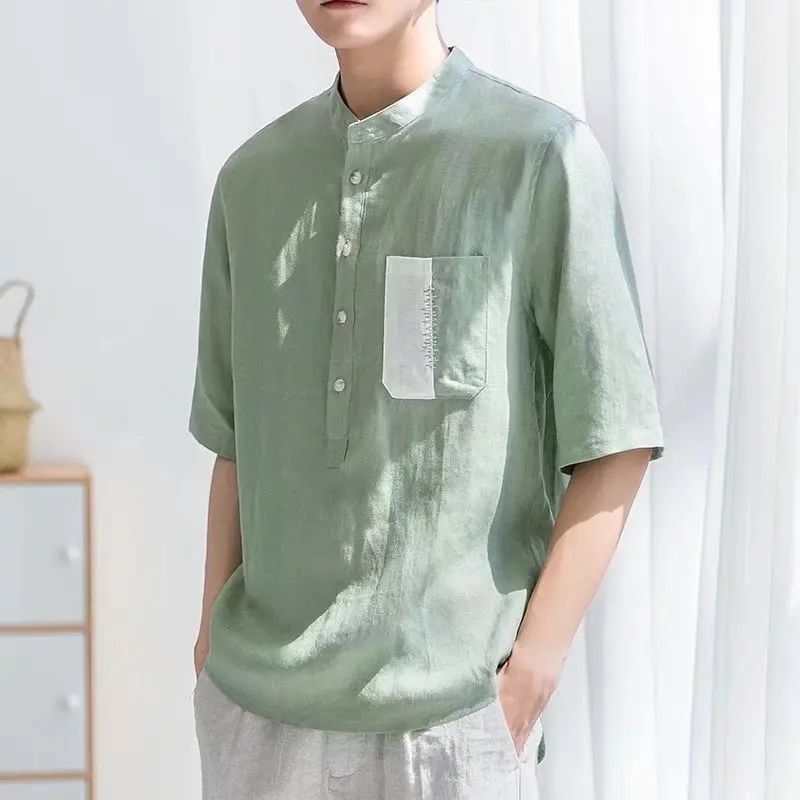 

Мужская летняя тонкая хлопково-льняная рубашка свободного кроя с коротким рукавом, молодежная, модная, однотонная, с воротником-стойкой