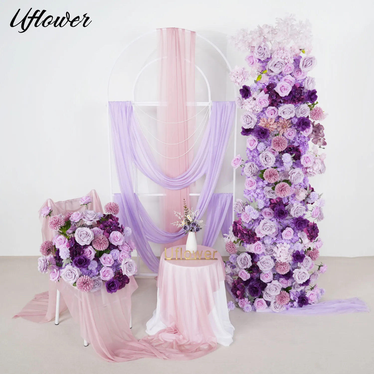 Uflower Luxury 5D Purple Wedding Backdrop Arch Decor Floral Arrangement Floor Flower Row Flower Ball Event Party Window Display