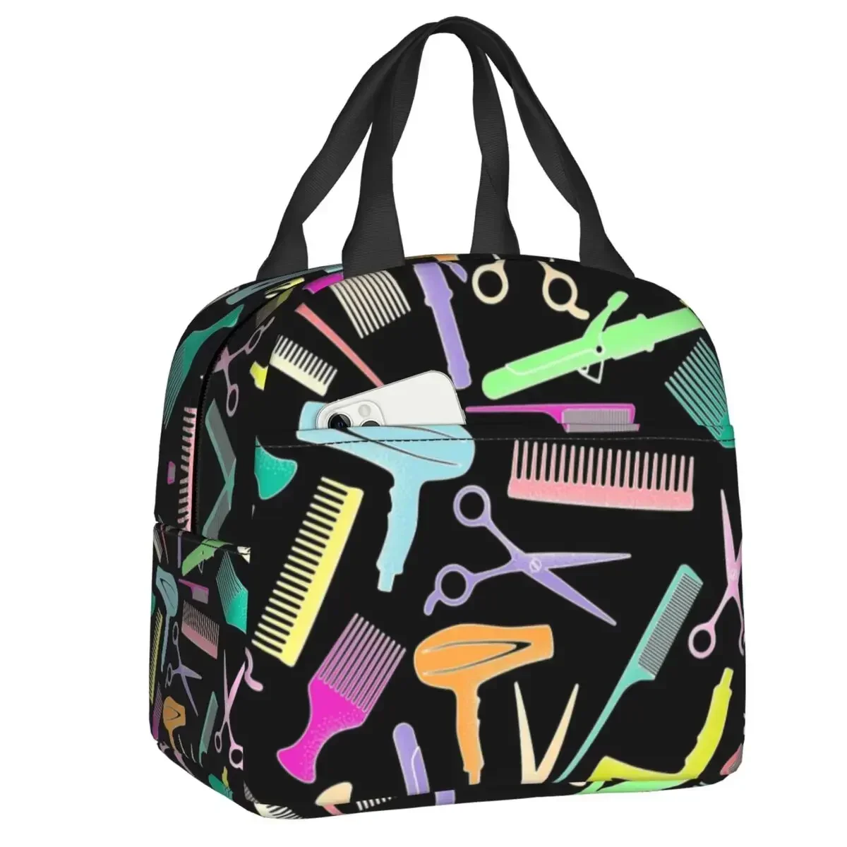 Salon Hair Dressing Tool Pattern Lunch Box for Women  Hairdresser Barber Gift Cooler Thermal Food Insulated Lunch Bag