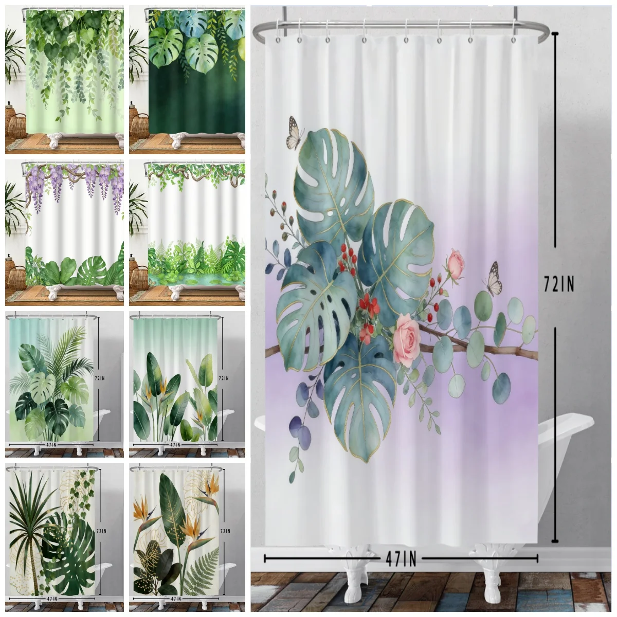 

Занавеска для душа в стиле тропической растительности: зеленые листья, фиолетовые цветы, водонепроницаемая, с крючками