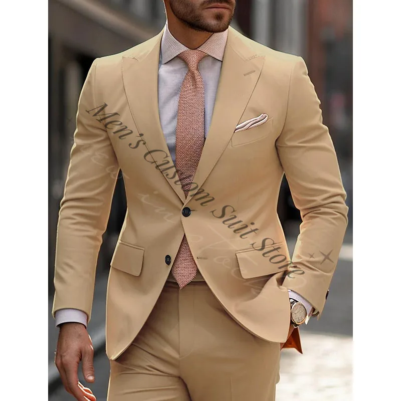 High Quality Khaki Orange Men's Suits Casual Business 2 Piece Set Peaked Lapel Wedding Blazer Pants Single Breasted Two-buttons