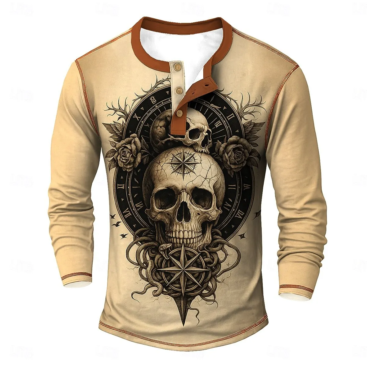 

3D Skull Print Men's Long Sleeve Henley T-Shirt Autumn Fashion Creative Gothic Henry Collar Clothes Loose Casual Breathable Tops