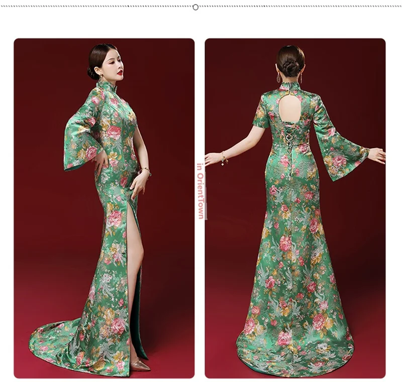 

Азиатская модель, зеленое платье Cheongsam, модный показ, сценический костюм, костюм для похудения, банкетное вечернее длинное платье, женское TP092