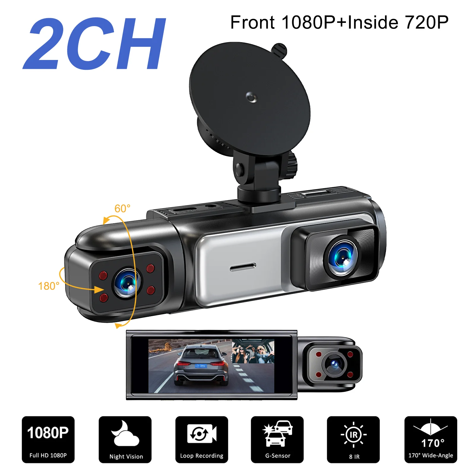 Dual Dash Cam Front 1080P Inside 720P, Night Vision Wide Angle 24H Parking Monitor, Loop Recording G-Sensor Car Accessory Gift