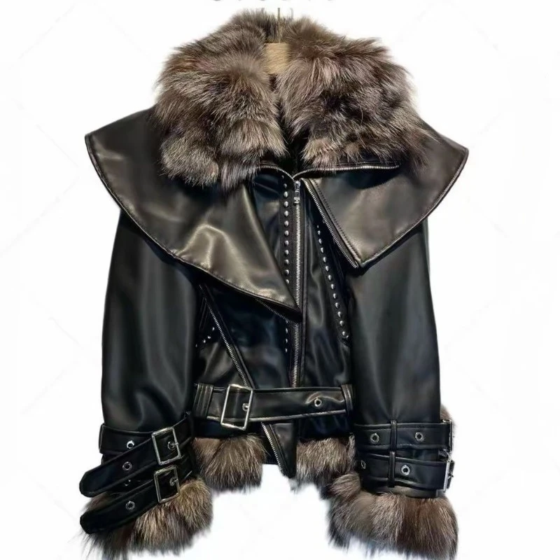 Internet Celebrities with The Same New Protein Leather Fleece Coat Women's Foreign Style Silver Fox Fur Collar Motorcycle Jacket