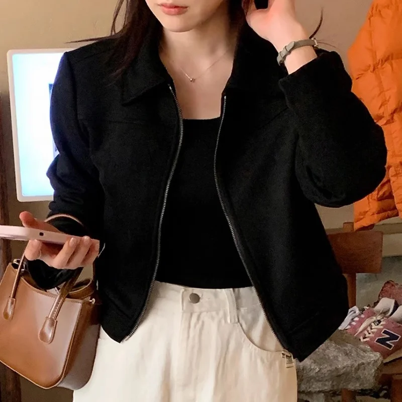 Chaqueta de manga larga corta con cremallera para mujer, ropa de abrigo hoada y versátil de terciopelo de piel sintética co...