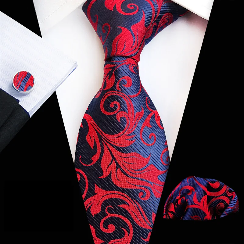 Silk Tie For Men luxury Necktie Hanky Set 3pcs Cufflinks Necktie Pocket Square Leaf Leaves Paisley Tie Set Men's Wedding Party