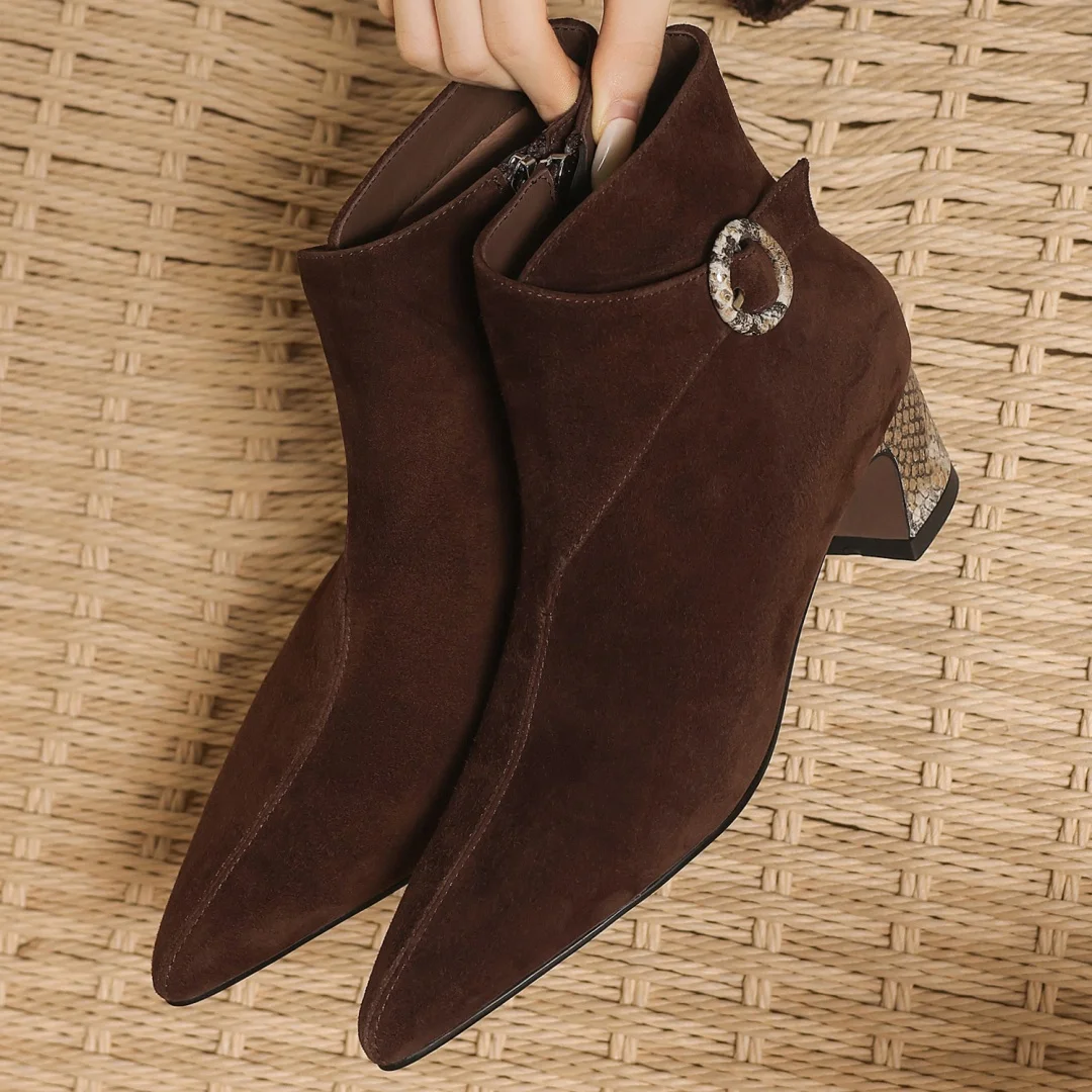 

Women's natural suede leather pointed toe side zip autumn ankle boots 4.5cm thick med heel elegant ladies slim dress short boots