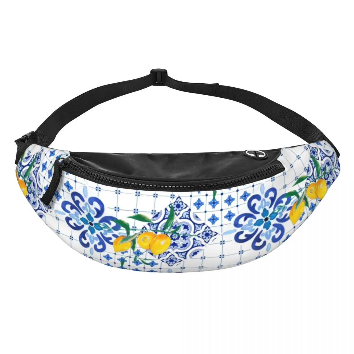 Custom Mediterranean Style Sicilian Tiles Lemons Citrus Fanny Pack Men Women Crossbody Waist Bag for Running Phone Money Pouch