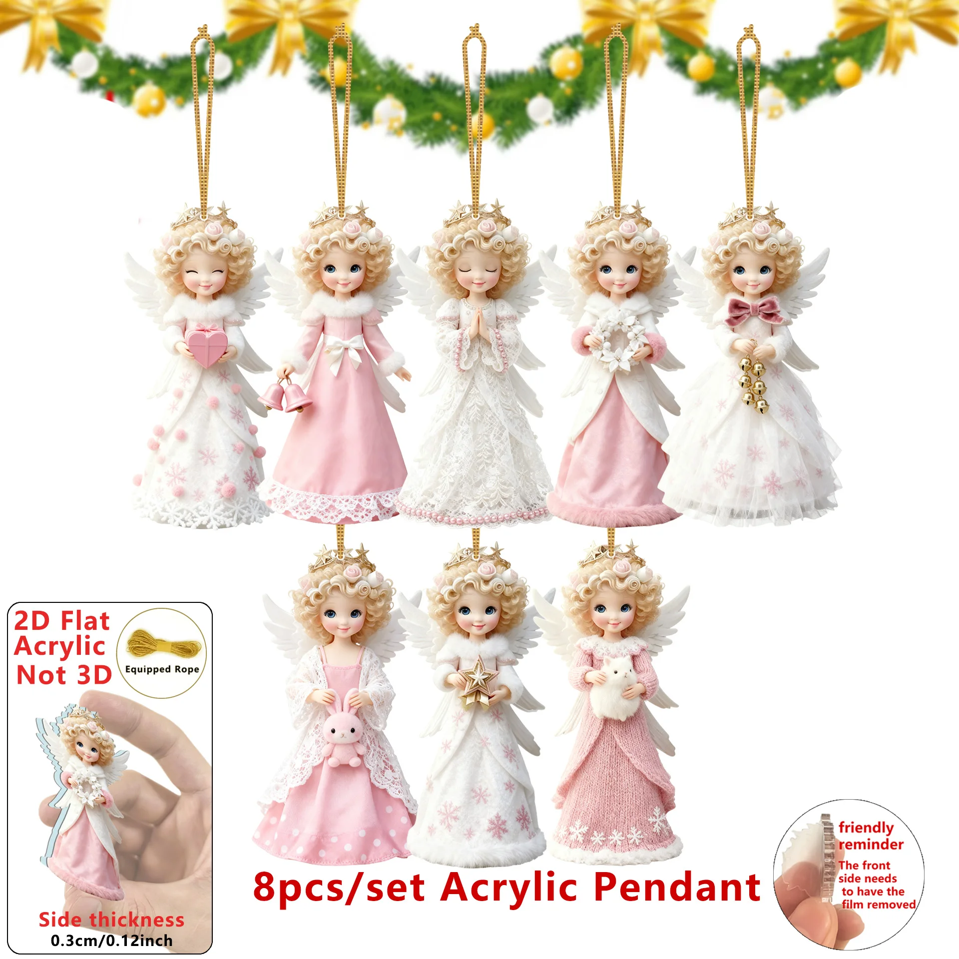 2D شقة 8 قطع عيد الميلاد الملاك الحارس الاكريليك سحر الملاك فتاة قلادة ديكور المنزل الطرف شجرة عيد الميلاد محاكاة قلادة
