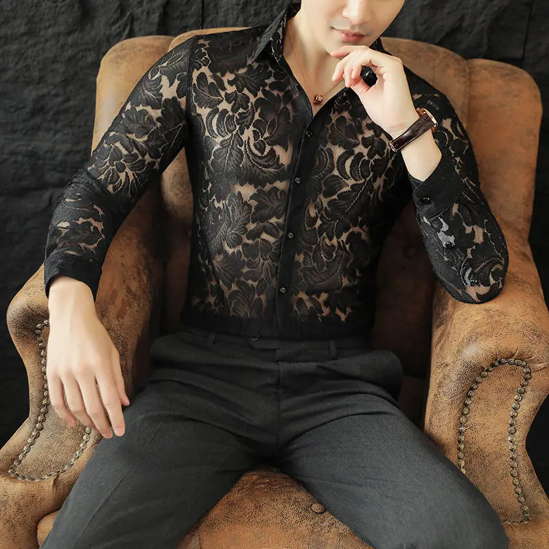 Men's Slim Fit Semi-Transparent Lace Shirt Elegant Luxury Long Sleeve Casual Sexy Clubwear for Nightclub Social Party Stage