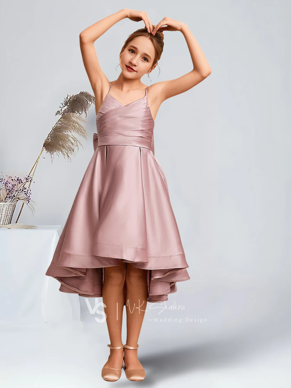 Elegant A-Line V-Neck Asymmetrical Satin Junior Bridesmaid Dress with Bow Dusty Rose Charming Flower Girl Dresses Party Wedding