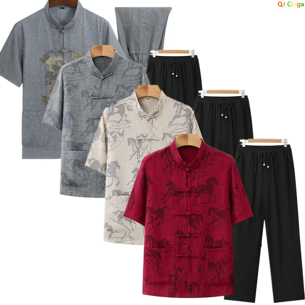 Chinese-style Men's Red Two-piece Set: A Summer Single-breasted Short-sleeve Shirt with A Stand-up Collar and Ankle-length Pants