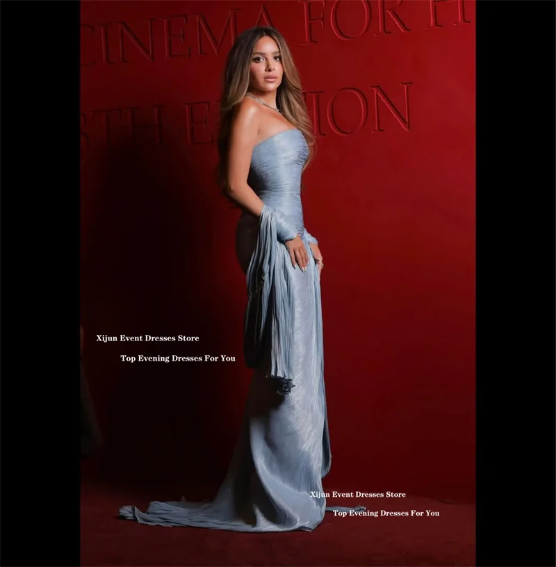 Xijun Luxury Baby Blue Evening Dresses Sleeveless Pleated Split Formal Mermaid Prom Dresses Dubai Prom Gowns Women Customized image 4