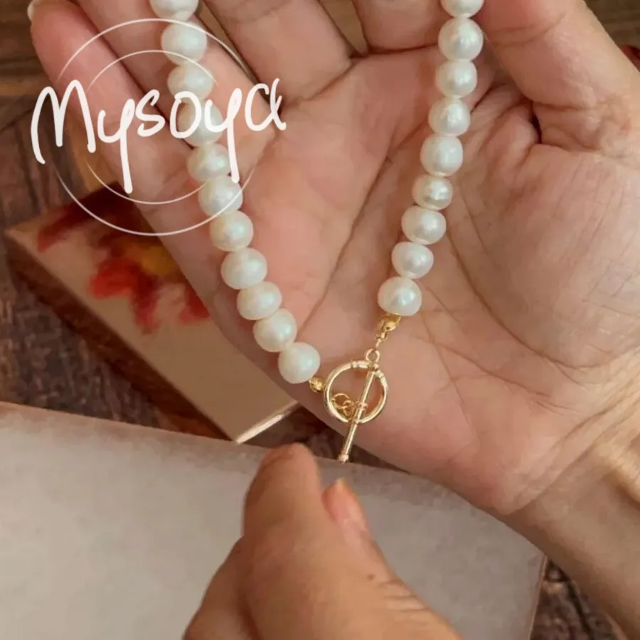 

MYSOYA 8-9 мм ожерелье из натурального белого пресноводного жемчуга с подарочной коробкой на день рождения, свадьбу, рождественские украшения, подарок для женщин и мужчин