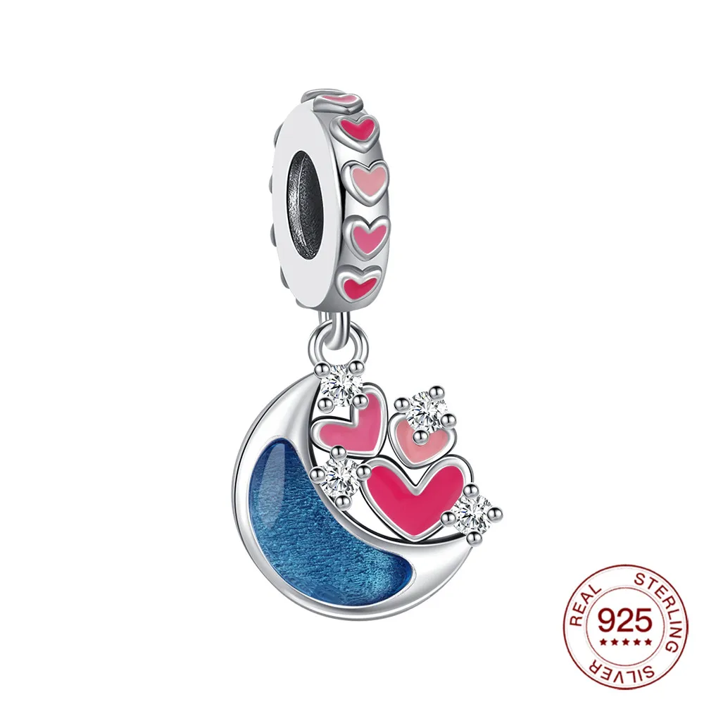 New 925 Sterling Silver Charms Moon Enamel Heart Pendant Fit Original Bracelet DIY Jewelry Valentine's Day Gift For Women
