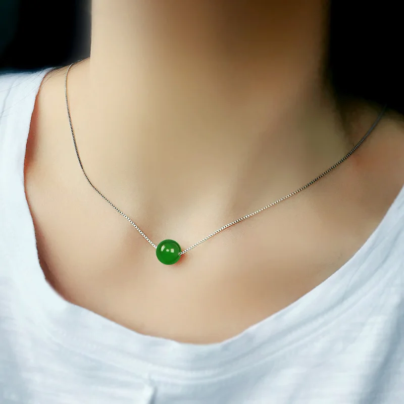 

Elegant Japanese Korean Style Simple Red Green Agate 925 Silver Necklace Pendant Women's Short Choker Locket