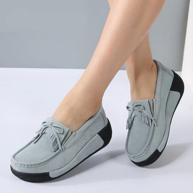 2023 Spring Women Casual Shoes Suede Genuine Leather Platform Flats Tassel Slip-On Ladies Creepers Shoes Red Fur Winter