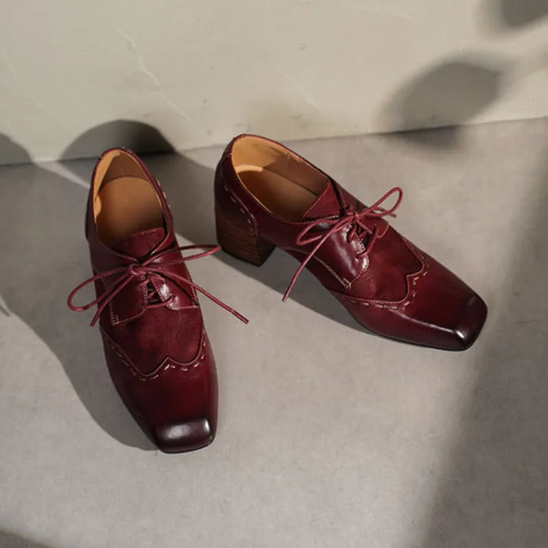Women Retro Square Toe Lace Up Oxford Shoes 5cm Chunky Block Heel Genuine Calfskin Upper Pigskin Lining Cow Leather Insole G425 - view 5