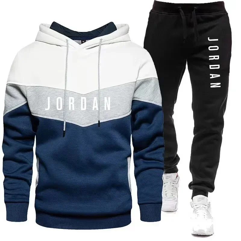 Nova primavera e outono masculino emenda casual moletom com capuz + calças conjunto de duas peças, moda ao ar livre jogging masculino jumper terno esportivo