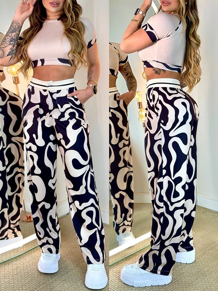 Abstract Print Crop Top & Pocket Design Pants Set