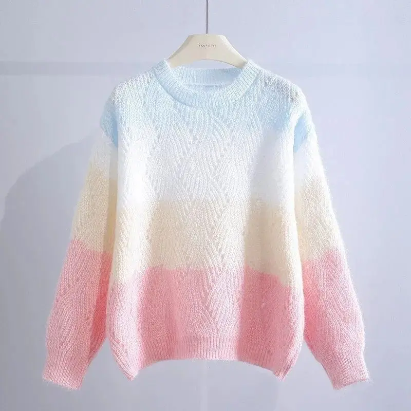 Sweet Gradient Soft Glutinous Sweater for Women\'s Autumn and Winter New Lazy Style Knitted Sweater Pullover Hollow Bottom Top